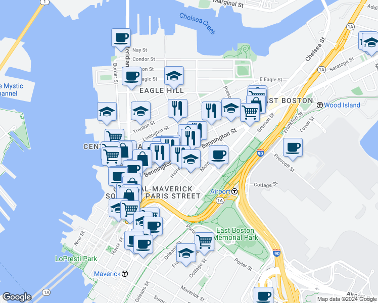 map of restaurants, bars, coffee shops, grocery stores, and more near 293 Havre Street in Boston