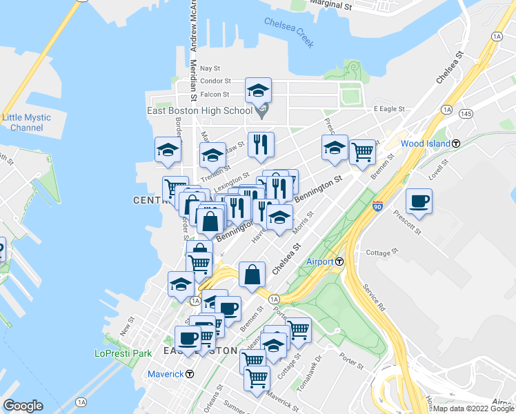 map of restaurants, bars, coffee shops, grocery stores, and more near 92 Bennington Street in Boston
