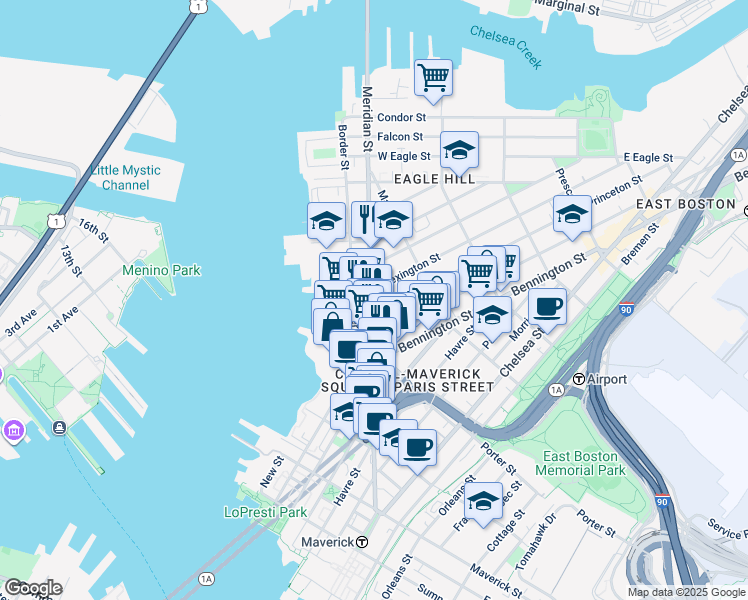 map of restaurants, bars, coffee shops, grocery stores, and more near 13 Princeton Street in Boston