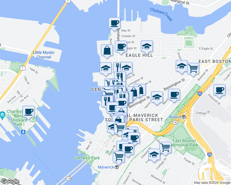 map of restaurants, bars, coffee shops, grocery stores, and more near 239 Border Street in Boston