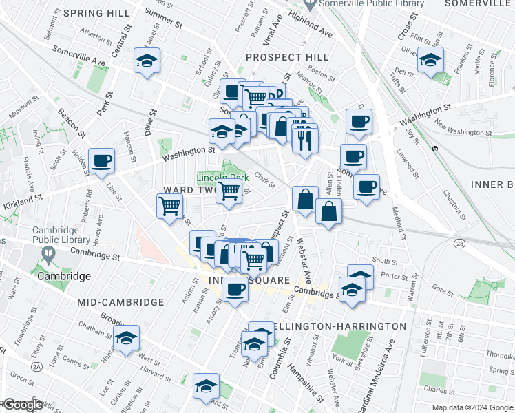 map of restaurants, bars, coffee shops, grocery stores, and more near 22 Concord Avenue in Somerville