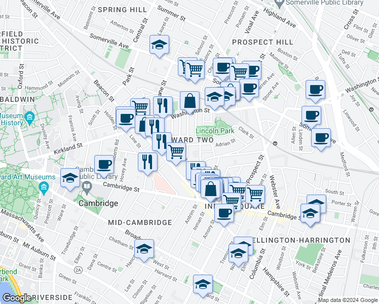 map of restaurants, bars, coffee shops, grocery stores, and more near 10 Wyatt Circle in Somerville