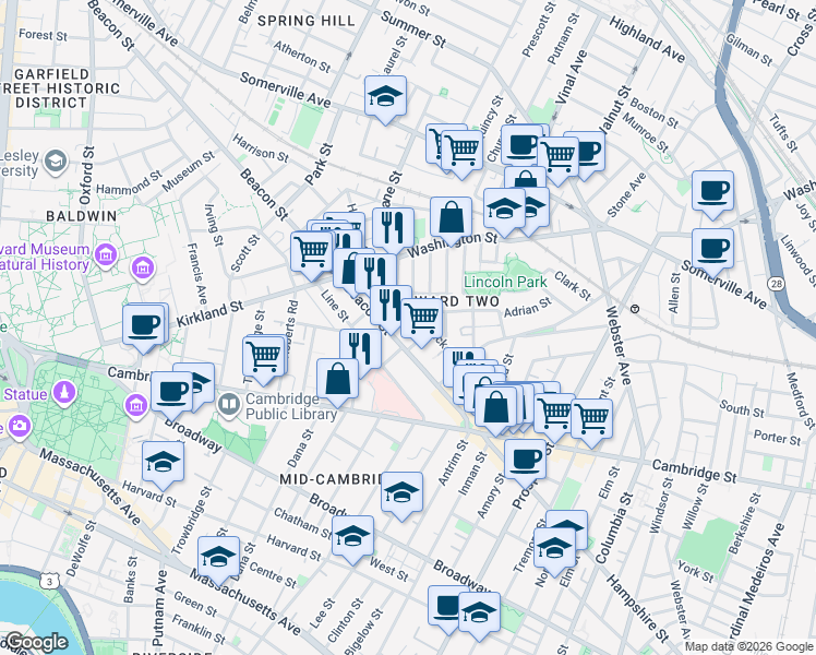 map of restaurants, bars, coffee shops, grocery stores, and more near 15 Buckingham Street in Somerville