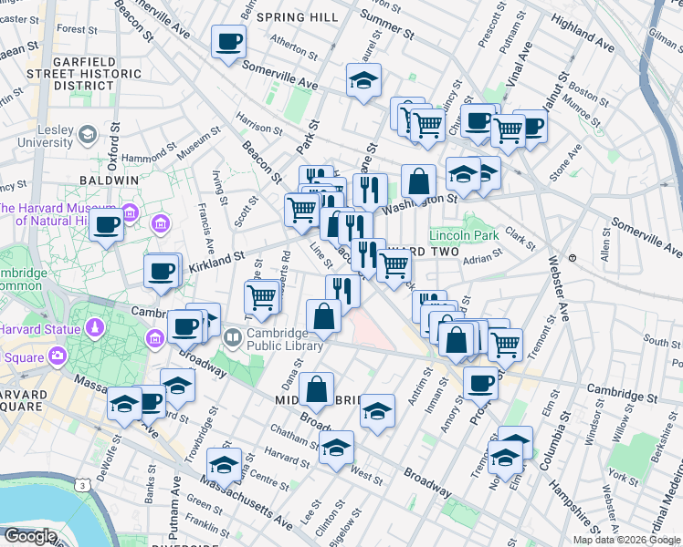 map of restaurants, bars, coffee shops, grocery stores, and more near 59 Magnolia Avenue in Cambridge