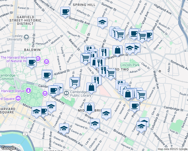 map of restaurants, bars, coffee shops, grocery stores, and more near 59 Magnolia Avenue in Cambridge