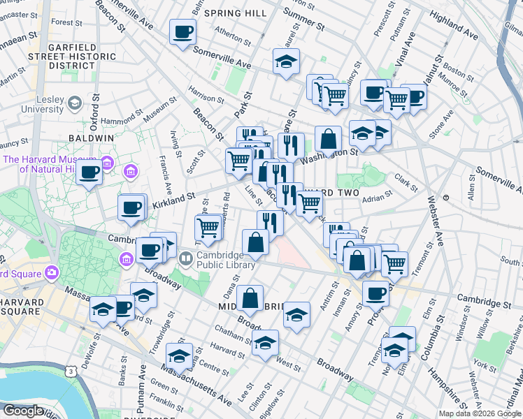map of restaurants, bars, coffee shops, grocery stores, and more near 59 Magnolia Avenue in Cambridge