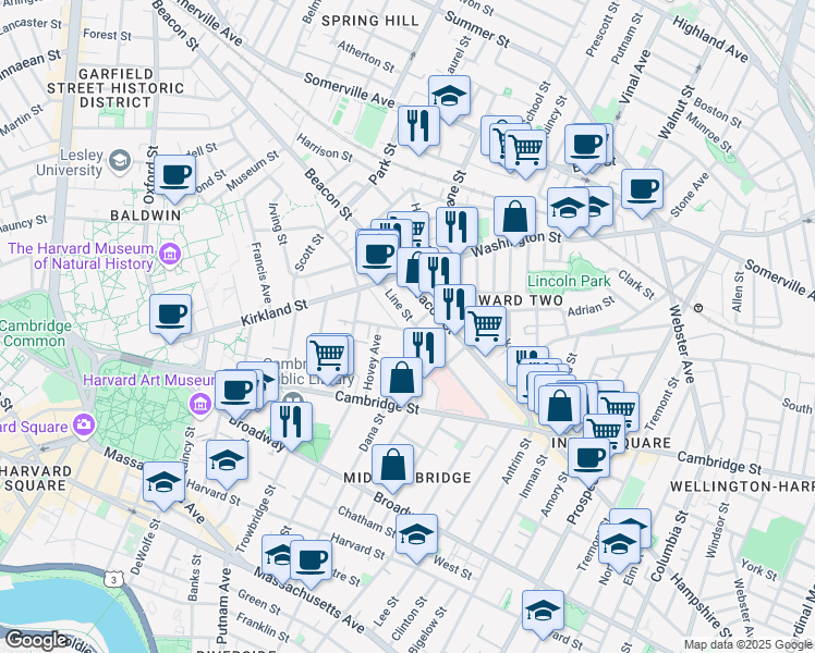 map of restaurants, bars, coffee shops, grocery stores, and more near 59 Magnolia Avenue in Cambridge