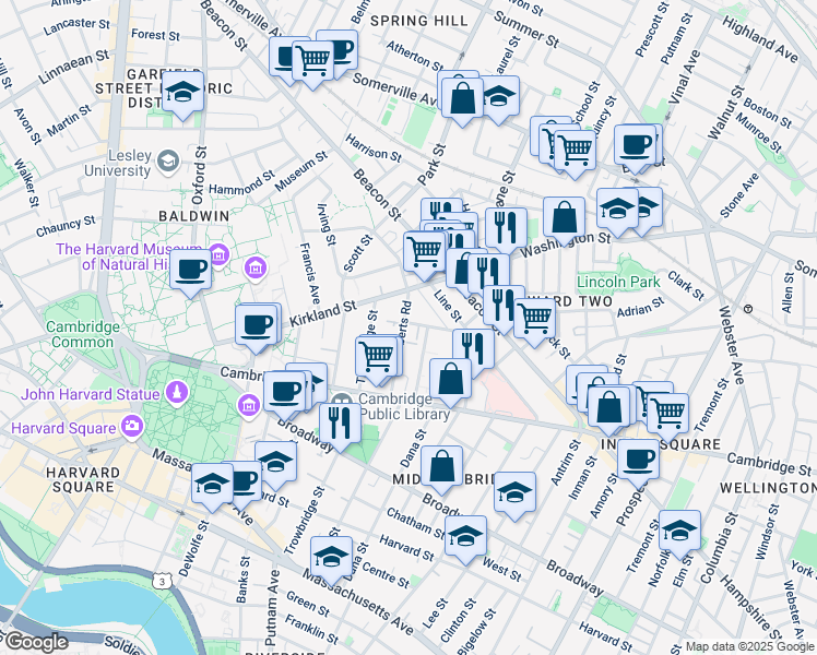 map of restaurants, bars, coffee shops, grocery stores, and more near 4 Lamont Avenue in Cambridge