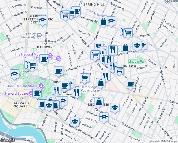 map of restaurants, bars, coffee shops, grocery stores, and more near 23 Roberts Road in Cambridge