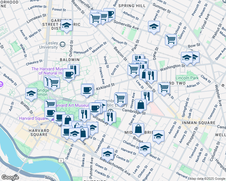 map of restaurants, bars, coffee shops, grocery stores, and more near 40 Irving Street in Cambridge