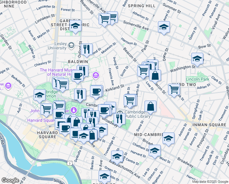 map of restaurants, bars, coffee shops, grocery stores, and more near in Cambridge