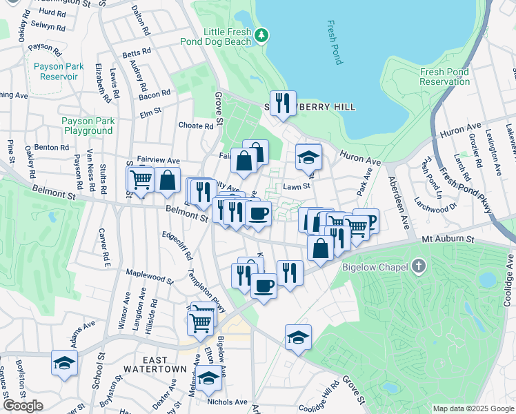 map of restaurants, bars, coffee shops, grocery stores, and more near 24 Exeter Street in Belmont