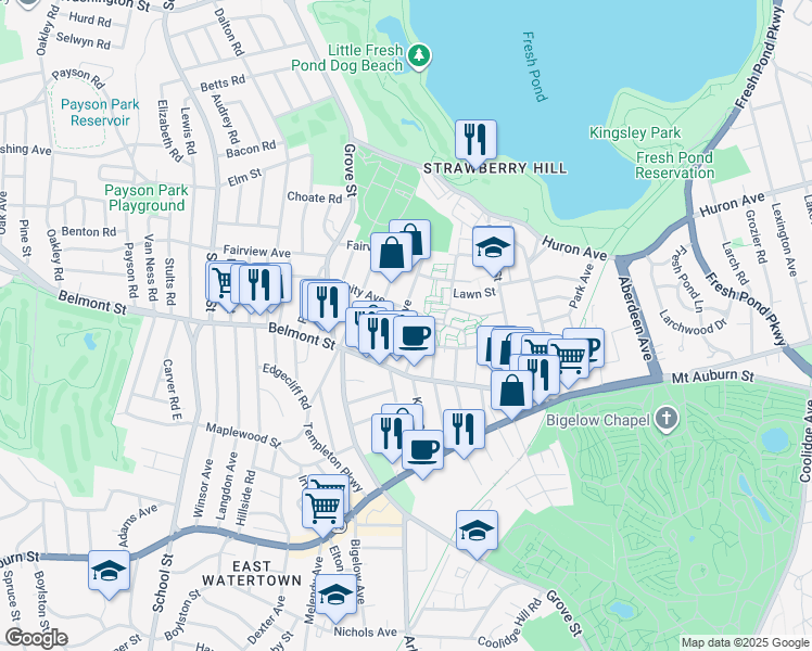 map of restaurants, bars, coffee shops, grocery stores, and more near 24 Exeter Street in Belmont