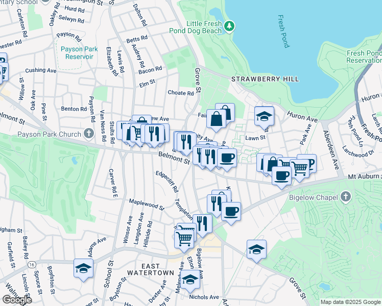 map of restaurants, bars, coffee shops, grocery stores, and more near 7 Grove Street in Belmont