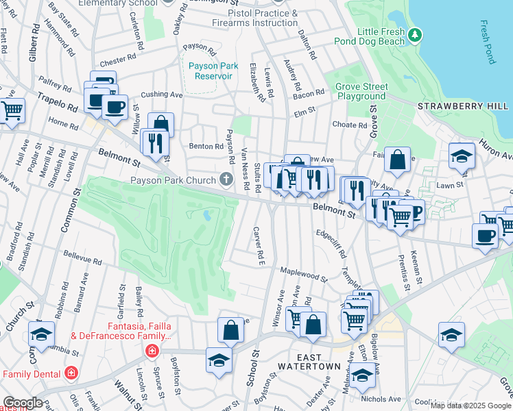 map of restaurants, bars, coffee shops, grocery stores, and more near 408 School Street in Watertown