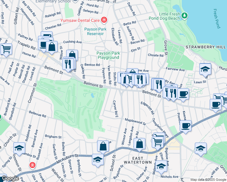 map of restaurants, bars, coffee shops, grocery stores, and more near 21 Commonwealth Road in Watertown