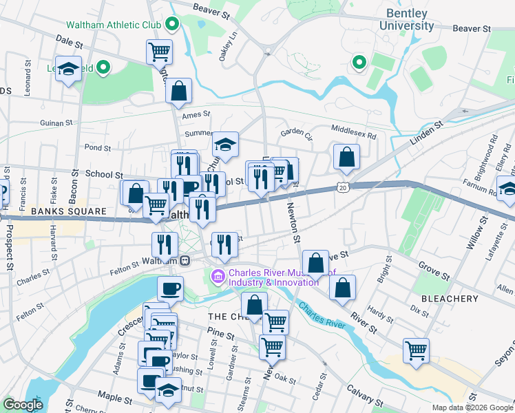 map of restaurants, bars, coffee shops, grocery stores, and more near 13 Heard Street in Waltham
