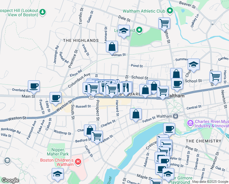 map of restaurants, bars, coffee shops, grocery stores, and more near in Waltham