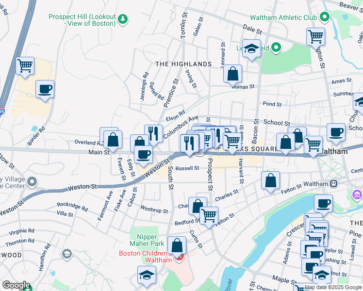 map of restaurants, bars, coffee shops, grocery stores, and more near 933 Main Street in Waltham