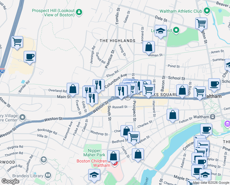 map of restaurants, bars, coffee shops, grocery stores, and more near in Waltham