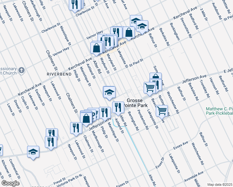 map of restaurants, bars, coffee shops, grocery stores, and more near 14939 Hampton Street in Grosse Pointe Park
