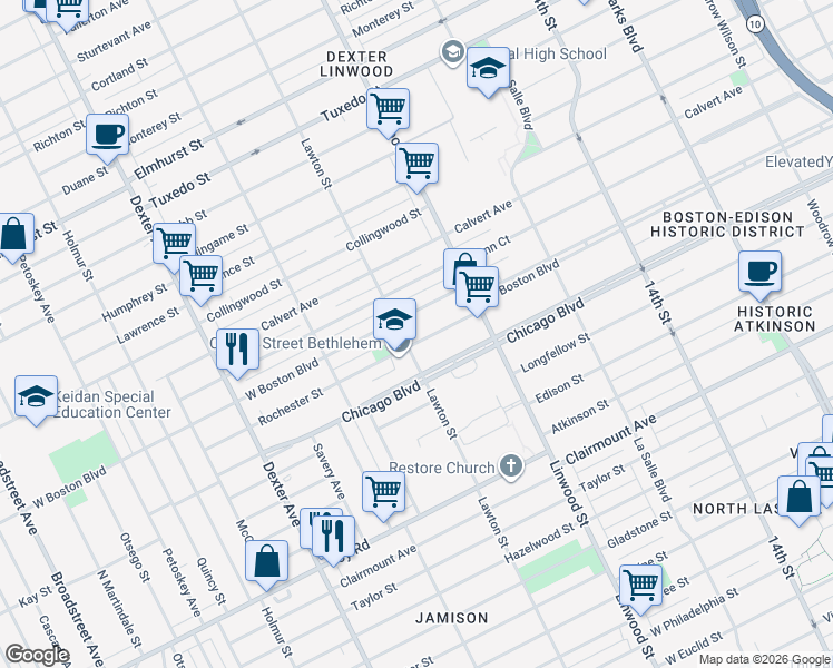 map of restaurants, bars, coffee shops, grocery stores, and more near 2715 Rochester Street in Detroit