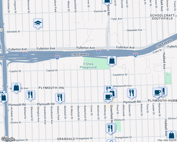map of restaurants, bars, coffee shops, grocery stores, and more near 12122 Rutherford Street in Detroit