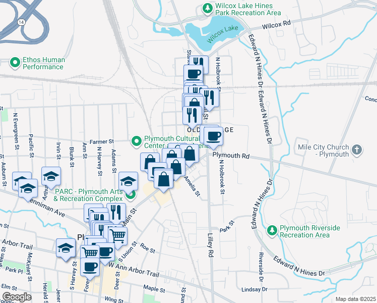 map of restaurants, bars, coffee shops, grocery stores, and more near 413 North Main Street in Plymouth