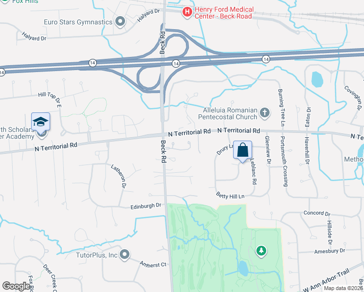 map of restaurants, bars, coffee shops, grocery stores, and more near 47345 Hunters Park Drive in Plymouth