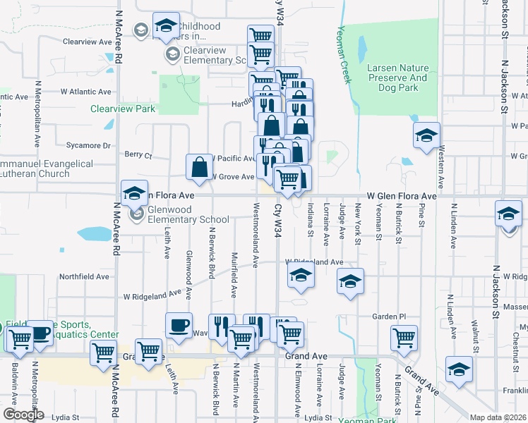 map of restaurants, bars, coffee shops, grocery stores, and more near 1121 Westmoreland Avenue in Waukegan