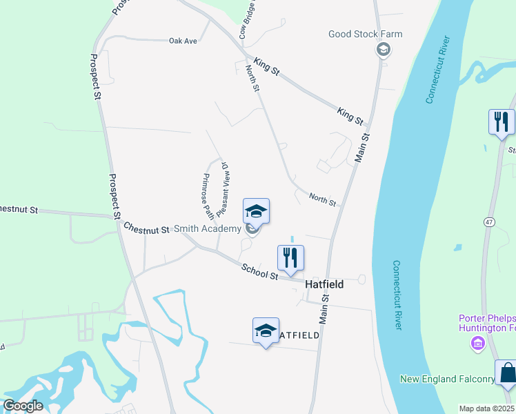 map of restaurants, bars, coffee shops, grocery stores, and more near 34 School Street in Hatfield