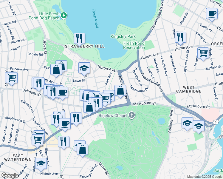 map of restaurants, bars, coffee shops, grocery stores, and more near 47 Homer Avenue in Cambridge