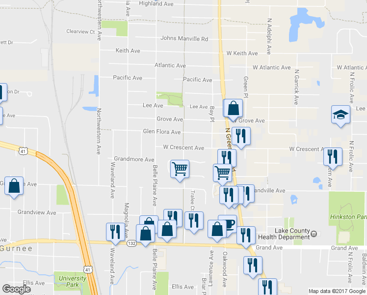 map of restaurants, bars, coffee shops, grocery stores, and more near West Crescent Avenue in Gurnee