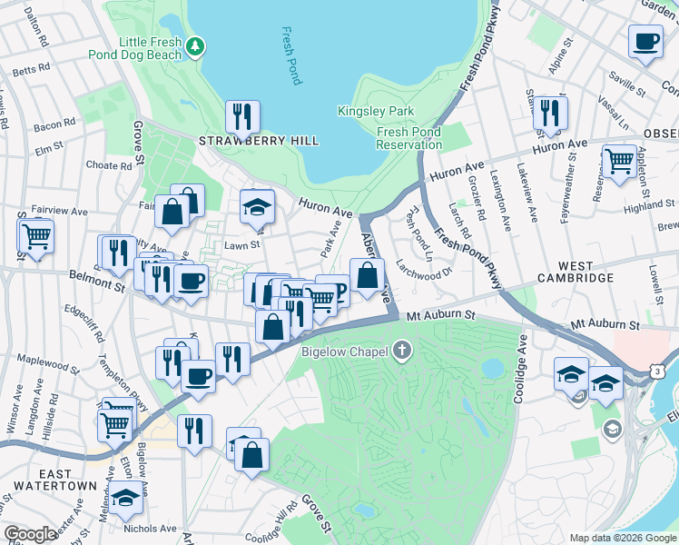 map of restaurants, bars, coffee shops, grocery stores, and more near 62 Homer Avenue in Cambridge