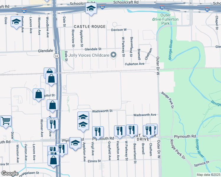 map of restaurants, bars, coffee shops, grocery stores, and more near 13400 Outer Drive West in Redford Charter Township