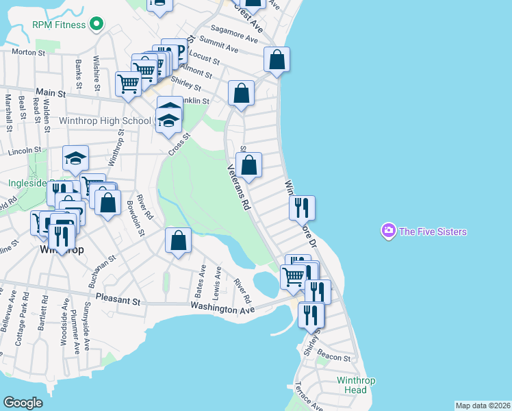 map of restaurants, bars, coffee shops, grocery stores, and more near 313 Shirley Street in Winthrop