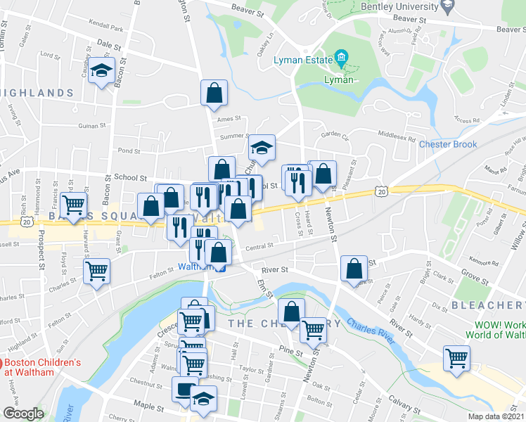 map of restaurants, bars, coffee shops, grocery stores, and more near Main St & Liberty St in Waltham