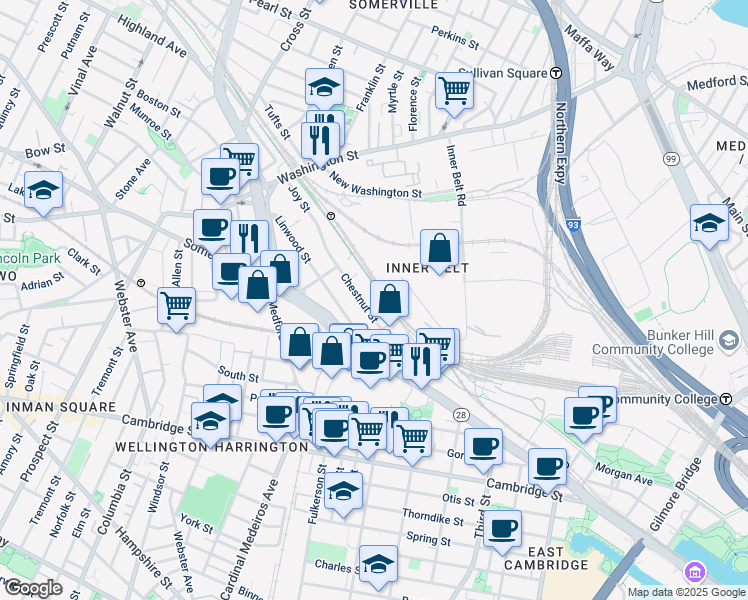 map of restaurants, bars, coffee shops, grocery stores, and more near 28 Chestnut Street in Somerville
