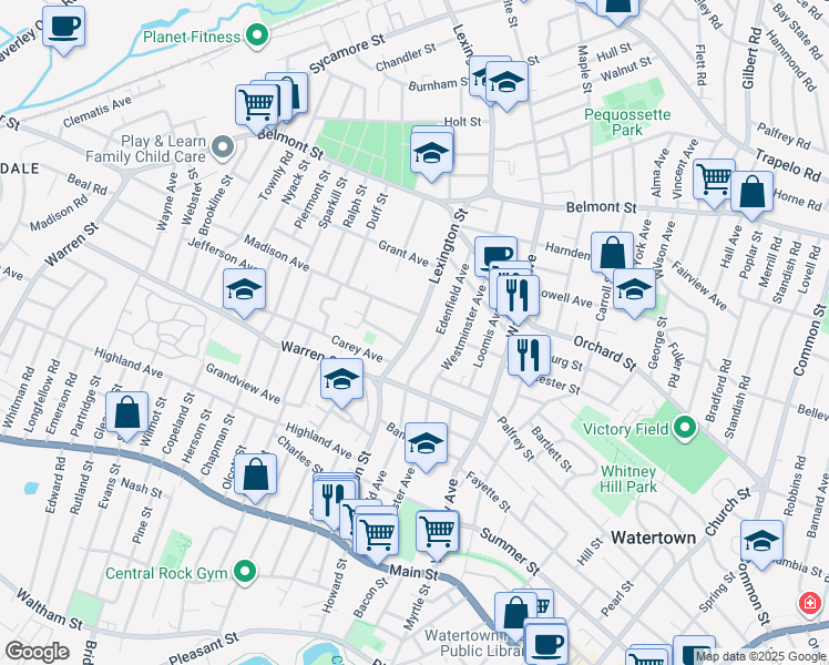 map of restaurants, bars, coffee shops, grocery stores, and more near 188 Edenfield Avenue in Watertown