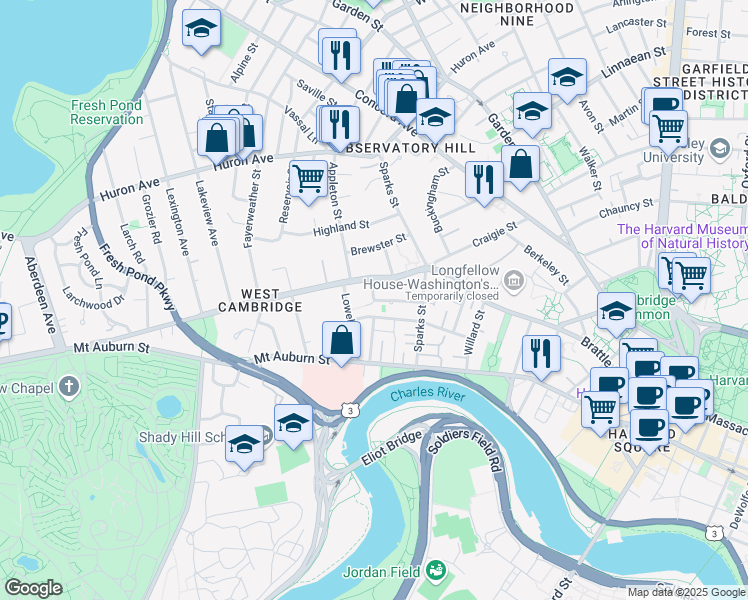 map of restaurants, bars, coffee shops, grocery stores, and more near 26 Hubbard Park Road in Cambridge
