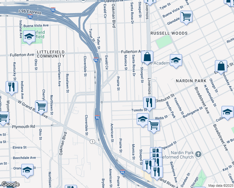 map of restaurants, bars, coffee shops, grocery stores, and more near 12047 Prairie Street in Detroit