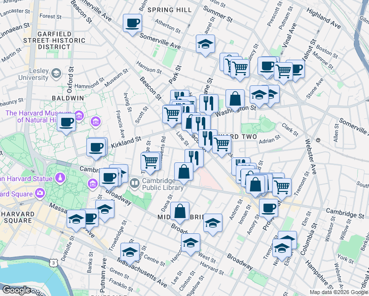 map of restaurants, bars, coffee shops, grocery stores, and more near 59 Magnolia Avenue in Cambridge