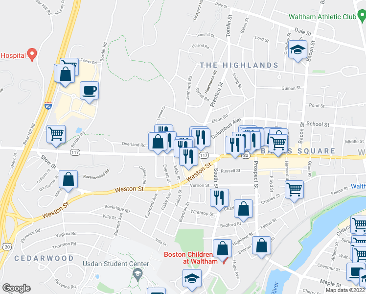 map of restaurants, bars, coffee shops, grocery stores, and more near 1025 Main Street in Waltham