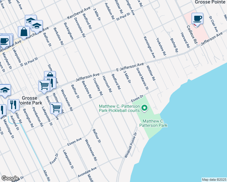 map of restaurants, bars, coffee shops, grocery stores, and more near 886 Harcourt Road in Grosse Pointe Park