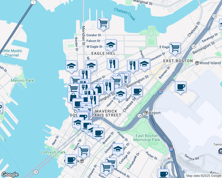 map of restaurants, bars, coffee shops, grocery stores, and more near 92 Bennington Street in Boston