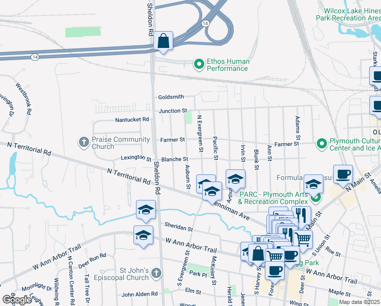 map of restaurants, bars, coffee shops, grocery stores, and more near 408 Auburn Street in Plymouth