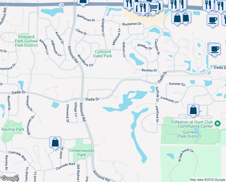 map of restaurants, bars, coffee shops, grocery stores, and more near 1298 Hadley Circle in Gurnee