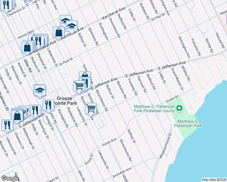 map of restaurants, bars, coffee shops, grocery stores, and more near 938 Balfour Street in Grosse Pointe Park