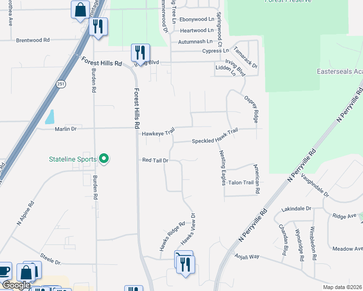 map of restaurants, bars, coffee shops, grocery stores, and more near 5338 Red Tail Drive in Machesney Park