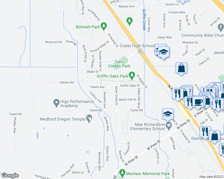 map of restaurants, bars, coffee shops, grocery stores, and more near 671 Silver Creek Drive in Central Point